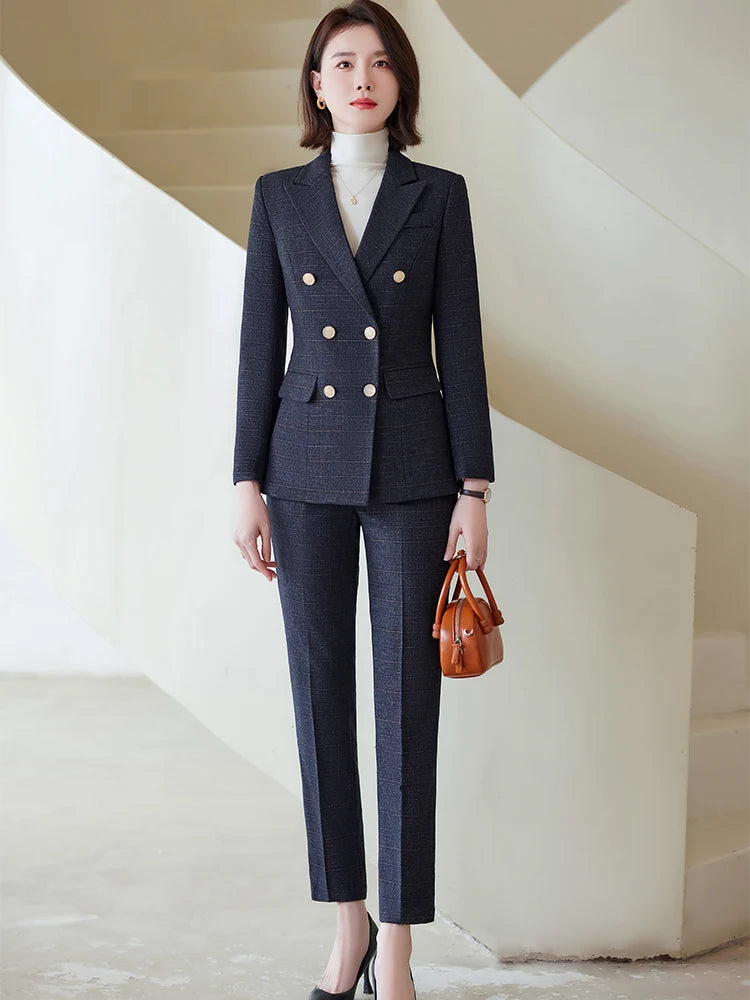 Autumn Winter Red Coffee Blue Black Ladies Pant Suit Women Female Business Work Wear Plaid Jacket and Trouser Blazer 2 Piece Set.