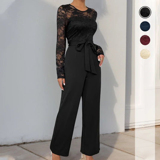 Woman Black Lace Sleeve Jumpsuit Round Neck Belted Waist Ideal for Evening Parties and Cocktail Events.