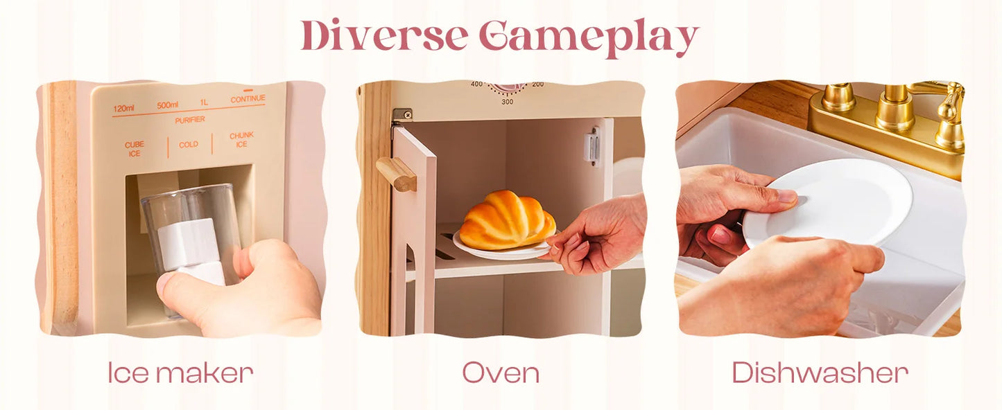 Robotime Robud Kids Corner Kitchen Playset Wooden Play Kitchen Set with Realistic Sound Pretend Play Gift for Boys Girls Pink.