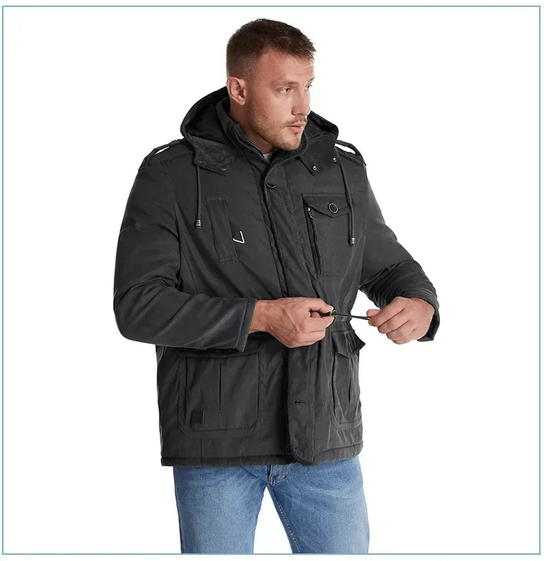 Men's Jacket WINTER USA SIZE Large SIZE Lamb Fleece JACKETS Hooded Cotton Thickened Multi Pocket Casual Mid length Coat