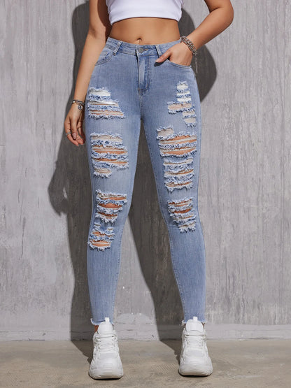 2025, Frühlings-Röhrenjeans mit hoher Taille für Damen – Stretch-zerrissene hellblaue Denim-Hose, knöchellange Slim-Fit-Freizeithose XS-XXL