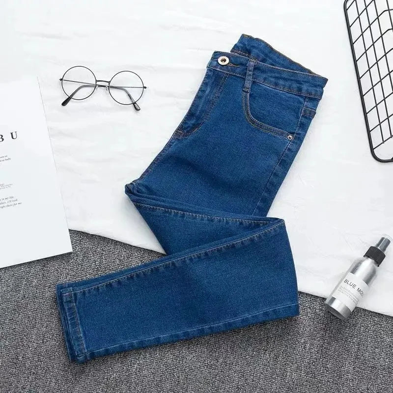 High Waist plus Size Denim Jeans Women's Tight Fit Butt Enhancing Pencil Pants New Arrival Light Blue Casual Long Trousers.