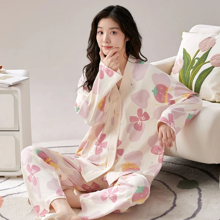 Herbst Winter Pyjamas Set für Frauen Kawaii Druck Nachtwäsche Anzug für Mädchen Mode Restlong Ärmel V-Ausschnitt Frau Pyjamas Set.
