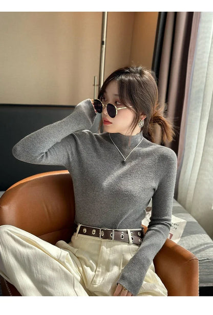 Herbst Winter Pullover Pullover Bodenbildung Shirt Frauen Gestrickte Shirts Weibliche Lange Hülse Mock Neck Elastische Dünne Pullover Stricken Tops