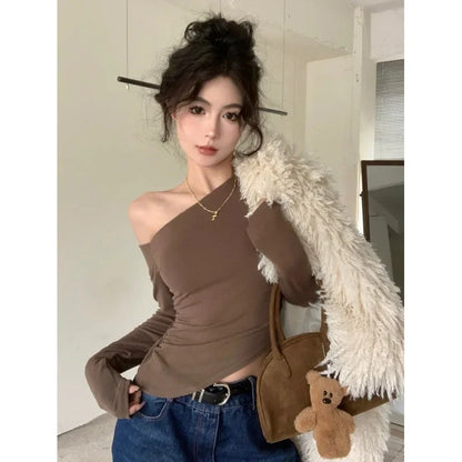 SexySpicy Girl Style Blackoff-the-Shoulder Long Sleeve T-shirt Slimming Smooths Your Silhouette Nefarious Crossbody Top For Wome