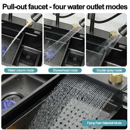 under the household sink    Black Stainless Steel Nano Undermount/Drop in Waterfall Single Bowl Kitchen Sink With Pull-Out Fauce