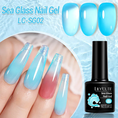 LILYCUTE 6Pcs 7ML Jelly Glass Gel Nail Polish Set Sea Blue Varnish Semi-transparent Nail Art Semi Permanent UV Gel Varnish.