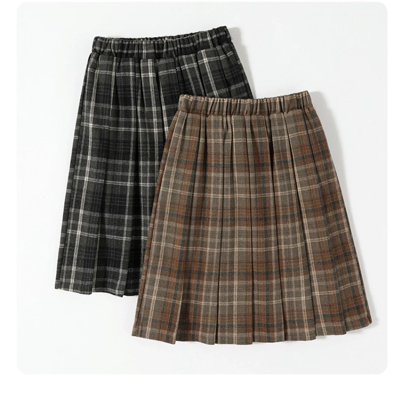 Preppy Style Woolen Pleated Plaid Skirt Women Fall Winter Retro Elastic High Waist Skirts Female Japanese A Line Faldas 2025 New.