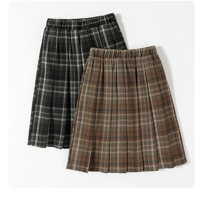 Preppy Style Woolen Pleated Plaid Skirt Women Fall Winter Retro Elastic High Waist Skirts Female Japanese A Line Faldas 2025 New.