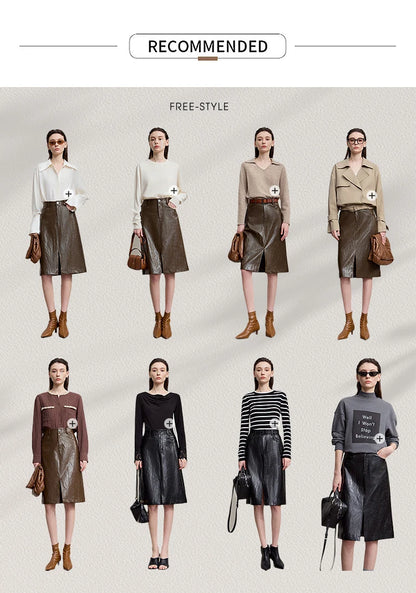 AMII Minimalist PU Leather Skirt For Women 2025 American Retro Knee-Length Skirt Solid Basics Business Women's Clothing 12553014.