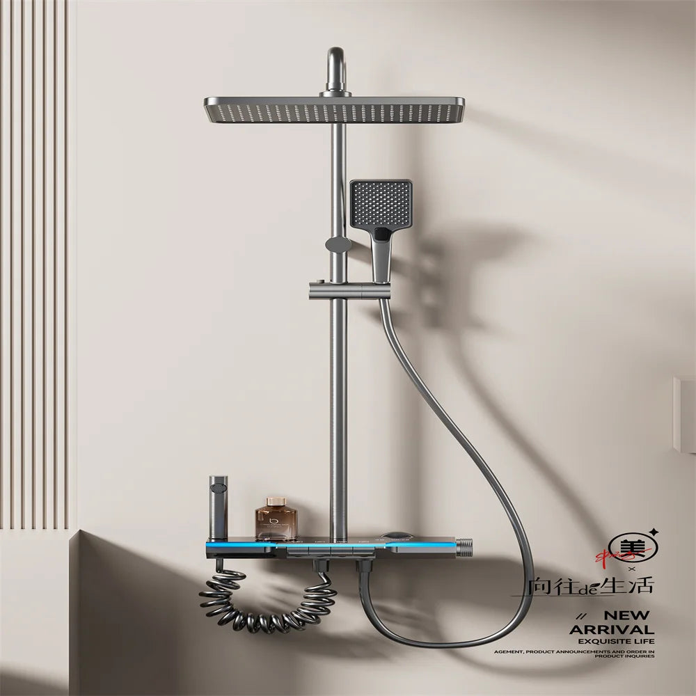 Space aluminum digital display atmosphere light shower shower set, 4-speed turbocharged bathroom shower