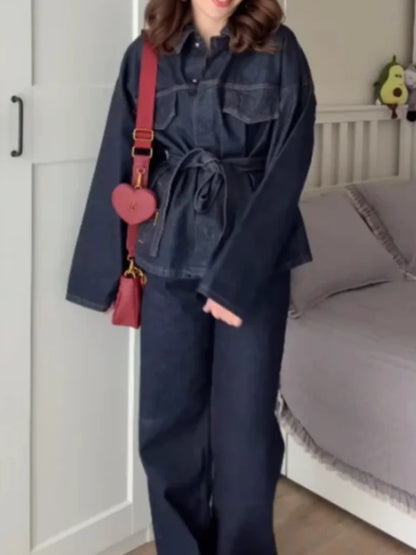 Retro Classic Denim Jacket Pants 2pcs Set Strap Coat Women Straight Leg Pants Autumn Stylish Women's Casual Suit