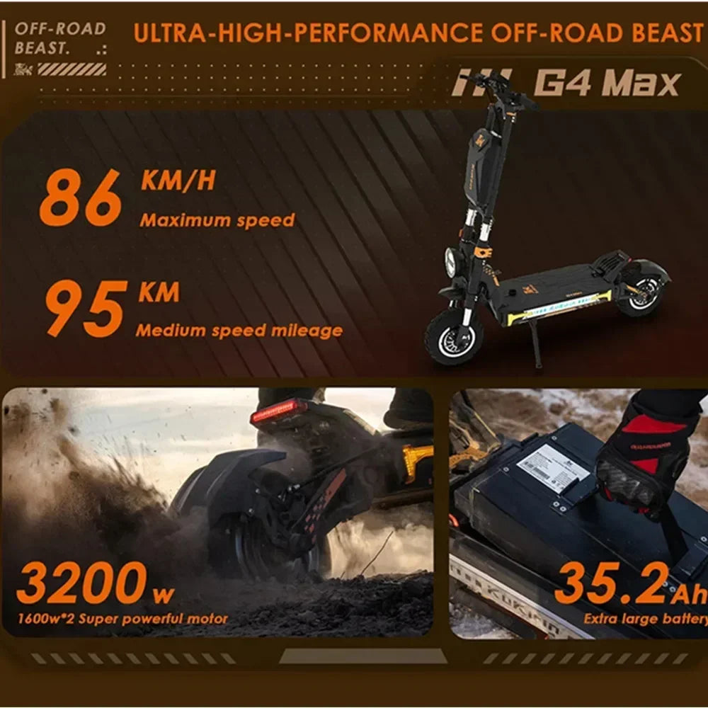 Original KuKirin G4 Max Off-Road Electric Scooter 2*1600W Motor 60V 35.2Ah 95km Max Range 86km/h Speed foldable Kick EScooter.