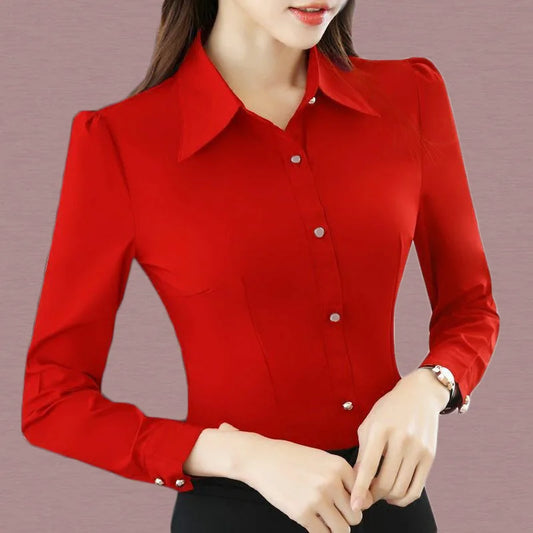 Red Women's Shirt Long Sleeve Blouse Autumn Women Shirts and Blouses Korean Fashion Slim Business Dress Shirt Women's Work Shirt.