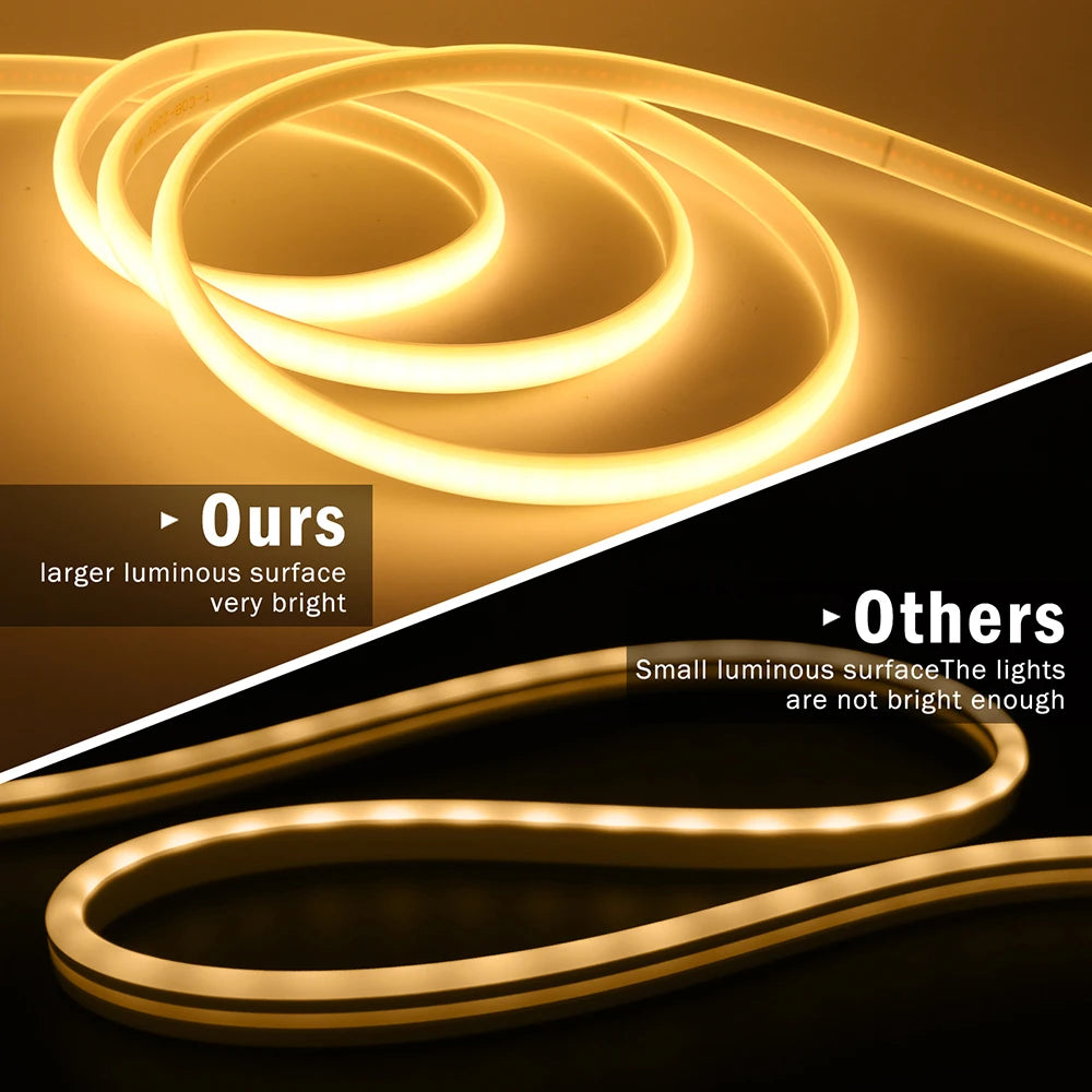 220V Dimmable COB LED Neon Strip Light Dimmer Switch Plug Kit Waterproof 288 LED Flex Tube Lamp Hight Bright Warm/Natural White.