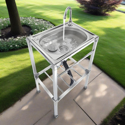 Freistehendes Küchenspülbecken aus Edelstahl mit Kaltwasserhahn – Einzelschüssel-Design, geeignet für Camping, Gärten, Wäsche.