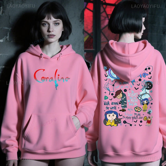 Vintage Cartoon Movie Button Eyed Feminine Pullover Clothes Coraline Graphic Hoodie Harajuku Female Blusas Woman Man Sweatshirt.