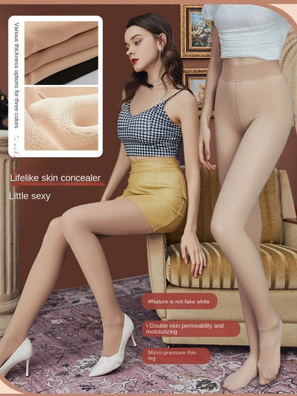 Winter Thermal Pantyhose Women Thicken Stockings Fake Translucent Pantyhose Fleece Lined Tights High Waist Elastic Wool Socks