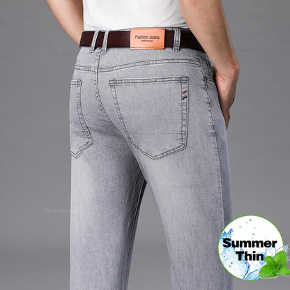 Brand Men's Fashion Summer Thin Jeans Comfortable Stretch Cotton Business Straight Casual Denim Pants Light Gray Blue Pants