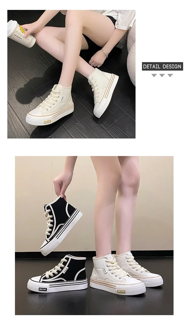 Maogu Women Autumn 2023 New Fashion Thick Platform Leisure Sports Shoe White Sneakers Breathable Casual High Top Canvas Shoes 40.
