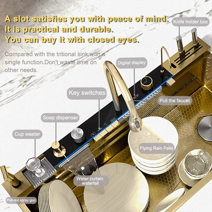 Golden Stainless Steel Waterfall Kitchen Sink Gold Embossed Extra Large Single Slot Digital Display Dishwashing Basin 100x50cm