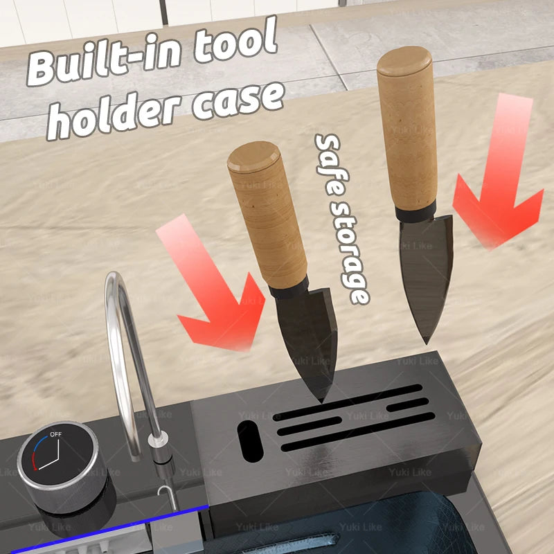 Stainless Steel Waterfall Kitchen Sink With Knife Holder Cup Wash Embossed Extra Large Single Sink Farmhouse Washbasin