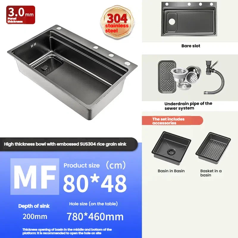 Stainless Steel Kitchen Sink Gray Household Large Single Slot Wash Vegetables and Dish Basin Multifunctional Dish Basin Sink