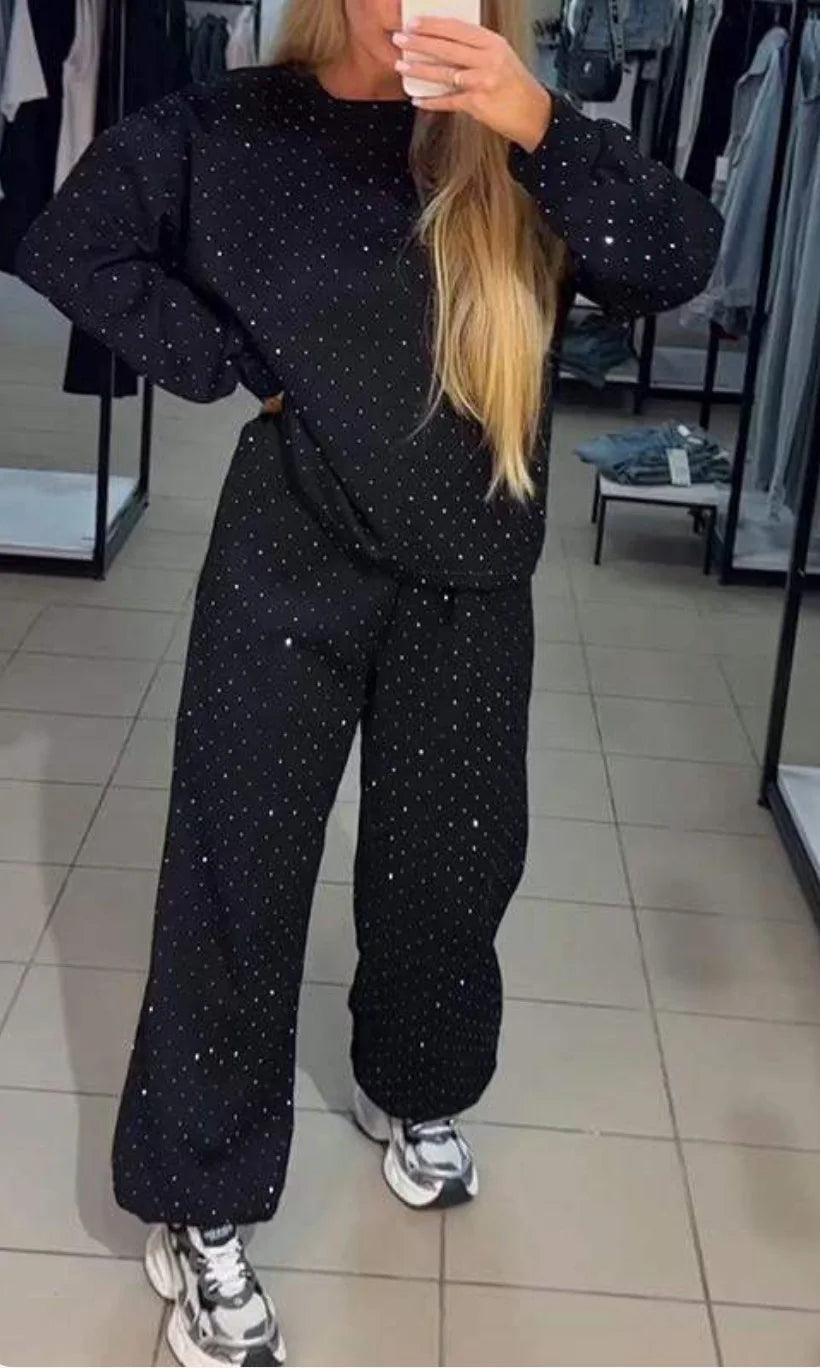 Fall Winter Rhinestone Shiny Loose Fit Set Women O Neck Sweatshirt Pullover Tie-up Pants Tracksuit Retro Loose Sport 2 Pice Set.