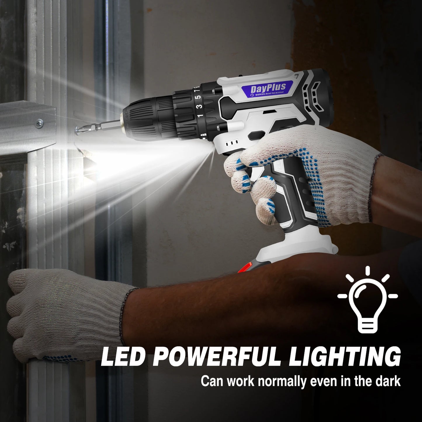 DayPlus Akku-Bohrschrauber-Set, Elektro-Schraubendreher-Bohrer-Set mit 2 variablen Geschwindigkeiten, 25+1 Drehmoment, 21 V Li-Ionen-Akku und Schnellladegerät