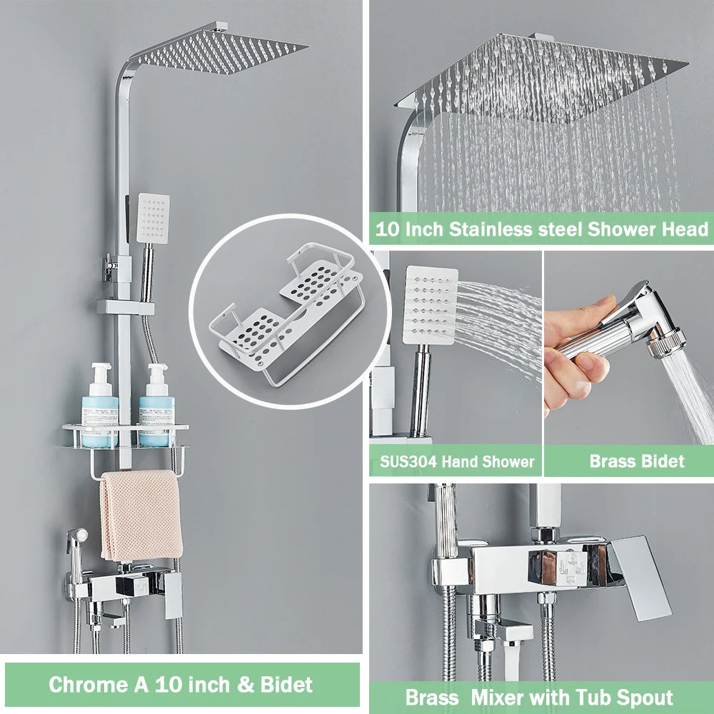Rainfall Bathroom Shower Faucet Kit With Bidet Wall Mounted Stainless Steel Hot Cold Water Mixer Tap System With Rack,Tub Spout
