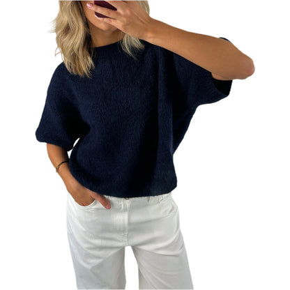 Damen Frühling Herbst Strickpullover Halbarm O Hals Einfarbig Lässige Strickwaren