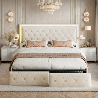 Rosahqnda Modernes Kunstlederbett mit Schubladen, stilvolles Doppelbett aus Kunstleder mit Stauraum, ohne Matratze