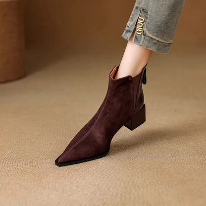 Autumn Winter Women Thick Heel Ankle Boots Elegant Back Zippers Shoes Modern Leather Suede Splicing Short Botas Para Mujer.