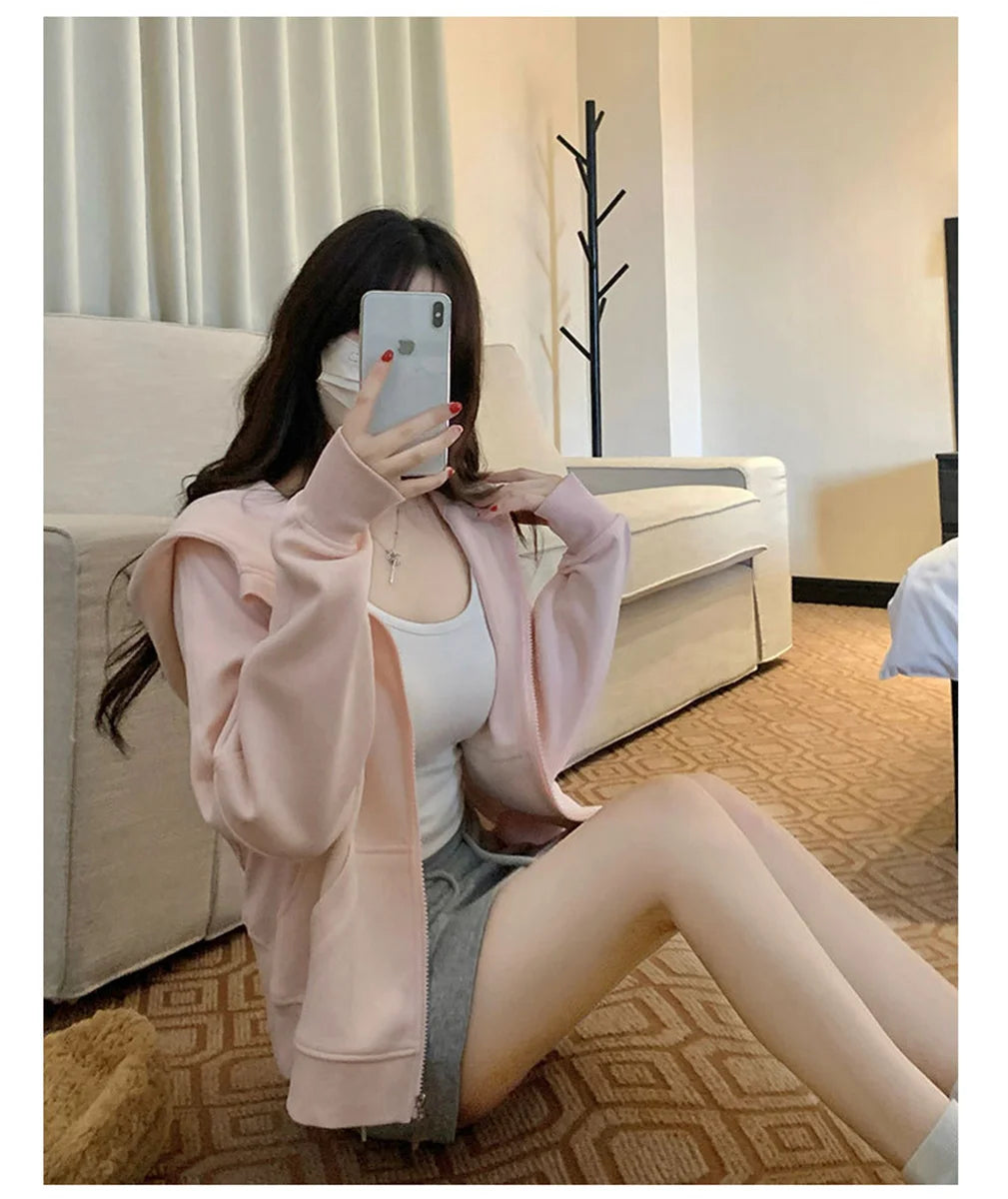 Frühherbstliche, schicke, lässige Kapuzenjacke, schmale Passform, langärmeliges, kurzes Oberteil, warme Strickjacke mit Reißverschluss, koreanischer Stil, Kapuzenpullover.