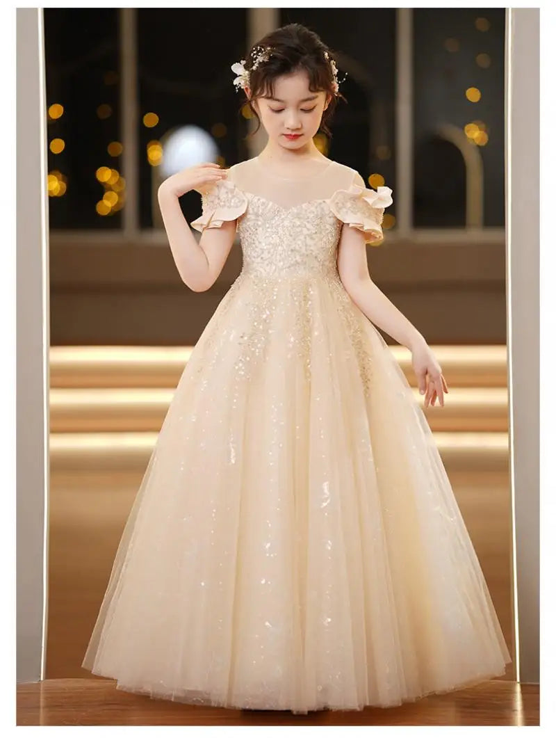 Neue Jugend Mädchen Prinzessin Mesh Kleid Hochzeit Blumen mädchen Kleid Schul wettbewerb Klavier lange Leistung Kleid für 3-12 Jahre.