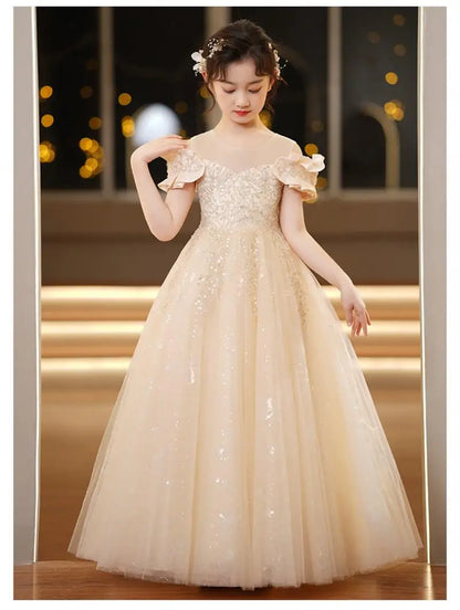 Neue Jugend Mädchen Prinzessin Mesh Kleid Hochzeit Blumen mädchen Kleid Schul wettbewerb Klavier lange Leistung Kleid für 3-12 Jahre.