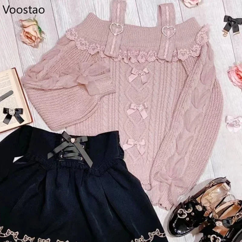 Vintage Sweet Lolita Style Knitted Pullover Autumn Girls Cute Off Shoulder Lace Ruffles Bow Sweater Women Harajuku Knitwear Tops.