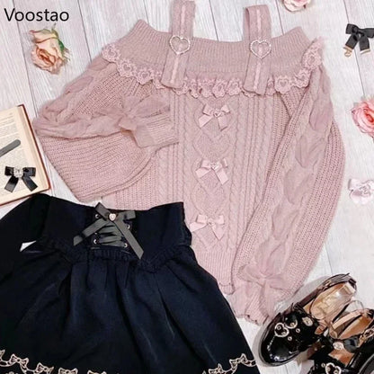 Vintage Sweet Lolita Style Knitted Pullover Autumn Girls Cute Off Shoulder Lace Ruffles Bow Sweater Women Harajuku Knitwear Tops.