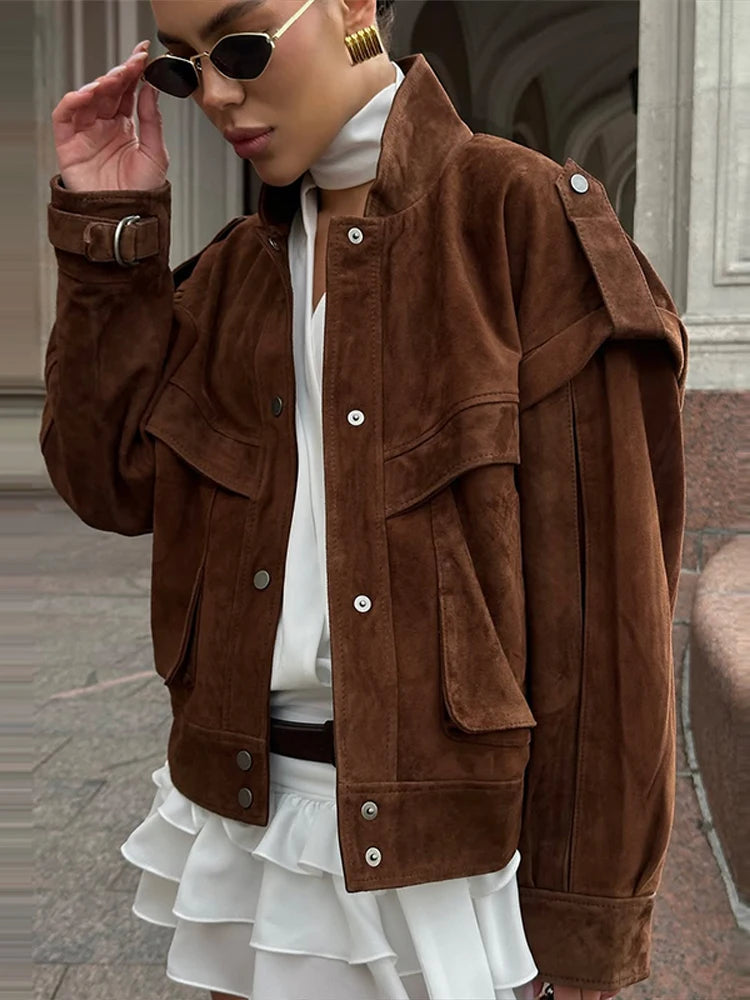 Wildleder Fleece Taschen Damen Jacken Mode Einreiher Langarm Mäntel Lose Gerade Kurze Tops Herbst Warme Kleidung.