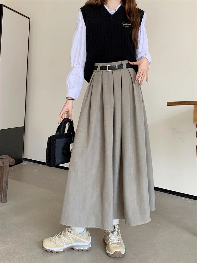 2024 New Korean Skirt Women Solid Color Versatile Mid-length Pleated Skirt Large Swing Type Skirt Female Long Skirts for Women.