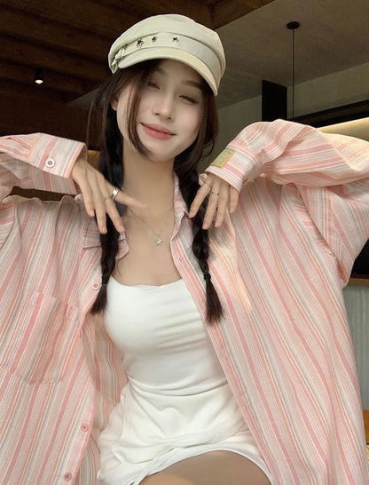 Pink Striped Shirt Women Korean Style Loose Long Sleeved Button Up Blouse Ladies Autumn New Wild Streetwear Casual Shirts 2025.