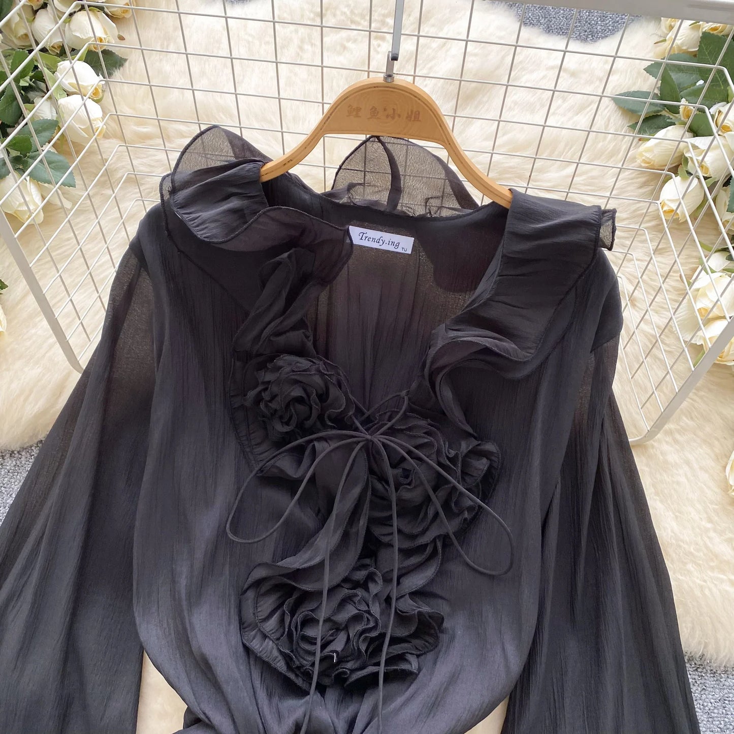 SINGREINY 3D Floral Strand Kurzes Kleid Weibliche Lange Ärmel Spitze Up Rüschen Chiffon Kuchen Sommerkleid Sheer Sexy Vintage Bohemian Kleid.