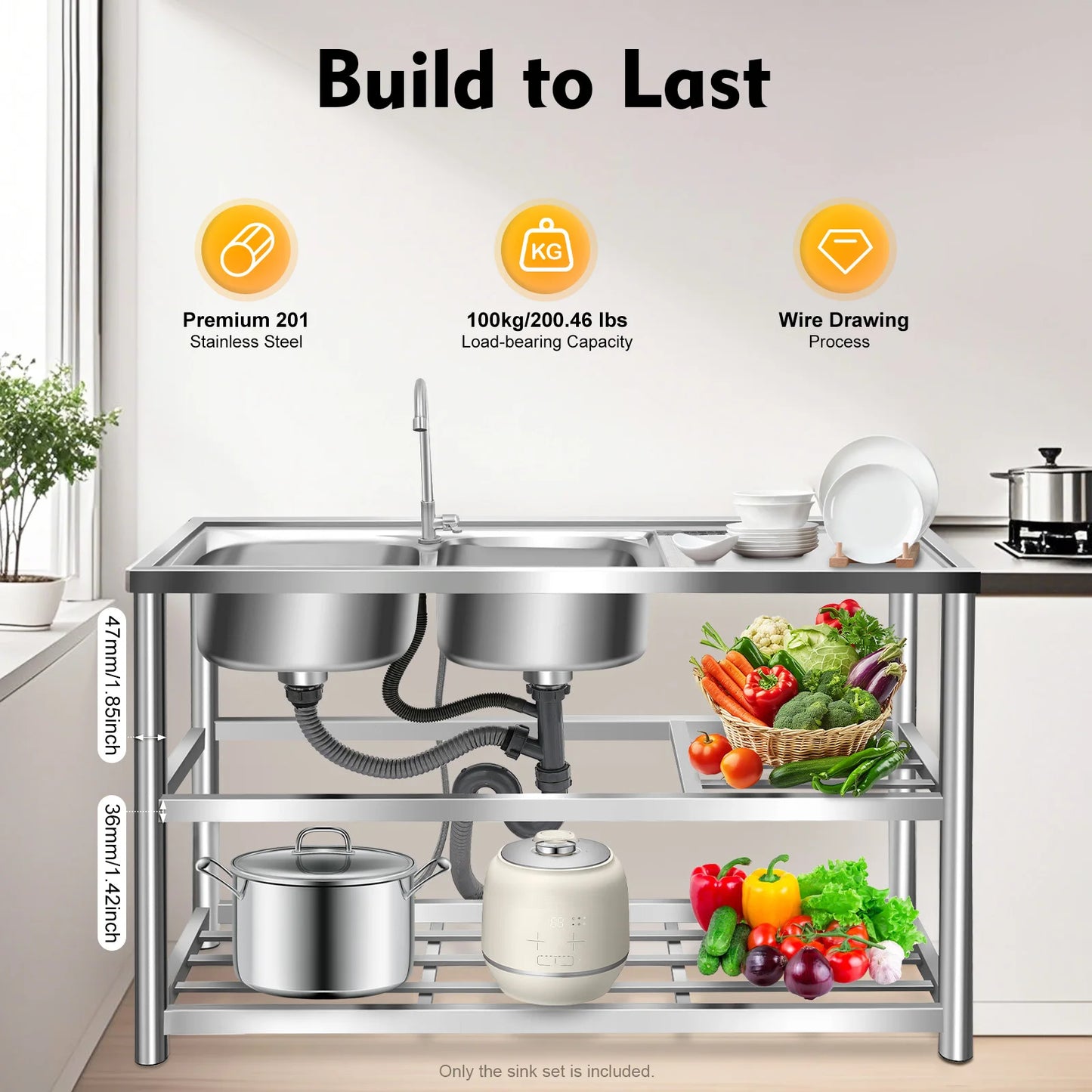 Freistehendes Doppelwaschbecken-Set aus Edelstahl mit Wasserhahn, 3-stufiges Aufbewahrungs-Küchenspüle-Set für den gewerblichen Gebrauch in der Küche, Wäsche