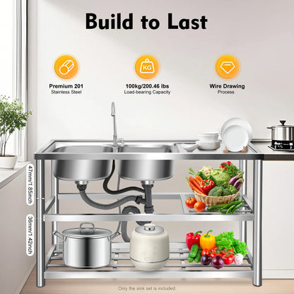 Freistehendes Doppelwaschbecken-Set aus Edelstahl mit Wasserhahn, 3-stufiges Aufbewahrungs-Küchenspüle-Set für den gewerblichen Gebrauch in der Küche, Wäsche