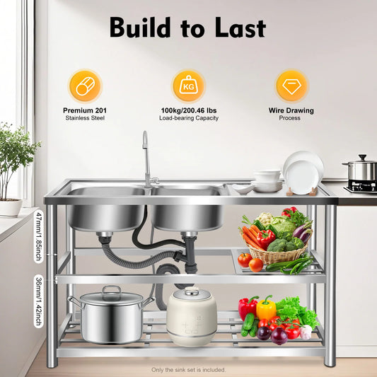 Freistehendes Doppelwaschbecken-Set aus Edelstahl mit Wasserhahn, 3-stufiges Aufbewahrungs-Küchenspüle-Set für den gewerblichen Gebrauch in der Küche, Wäsche
