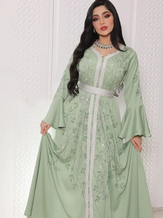 Indien Türkei Muslimischen Abaya Kleider Frauen Elegante Diamant Hochzeit Abend Party Kleid Spitze Gürtel Abaya Marokko Kaftan Robe