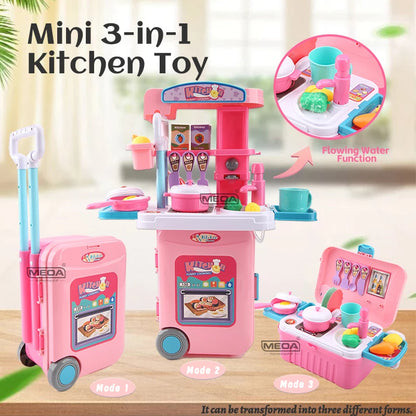 Mini 3-in-1 Kitchen Set Toy Kitchen Pretend Play Integrates Storage Boxes and Tableware Sets Portable Suitcase Cooking Kits Toys.