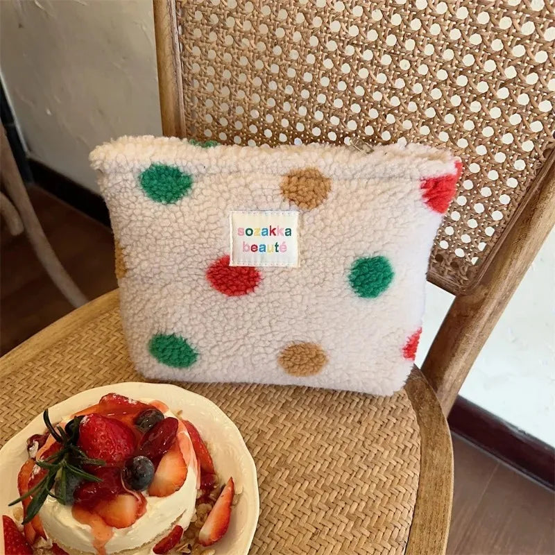 New Colorful Striped Dot Plush Clutch Cosmetic Bag Large Capacity Makeup Pouch Toiletries Bag Travel Outdoor Makeup Storage.