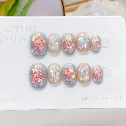 10pcs/set Handmade Press-On Nails - Blue Glossy Fish & Bubbles Design Short Oval Fake Nails with Cat Eye Effect False Nails.