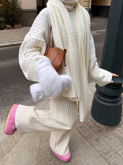 Bornladies Herbst Winter Mode frauen Neue Zopfmuster Pullover Breite Bein Hosen Set Weiche Wolle Mischung Lose Fit High Neck Pullover